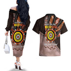 Fire Burning Together NAIDOC 2024 Couples Matching Off The Shoulder Long Sleeve Dress and Hawaiian Shirt Indigenous Art