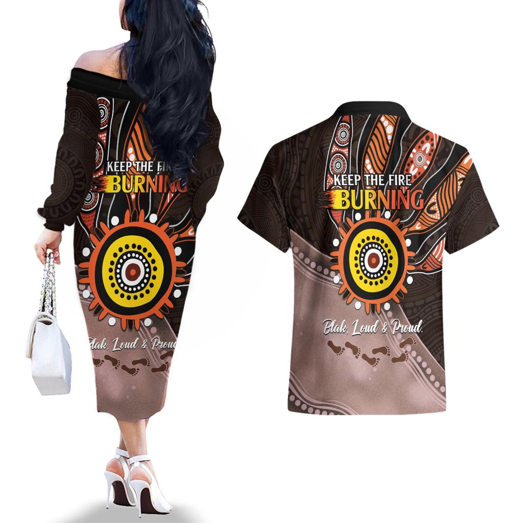 Fire Burning Together NAIDOC 2024 Couples Matching Off The Shoulder Long Sleeve Dress and Hawaiian Shirt Indigenous Art