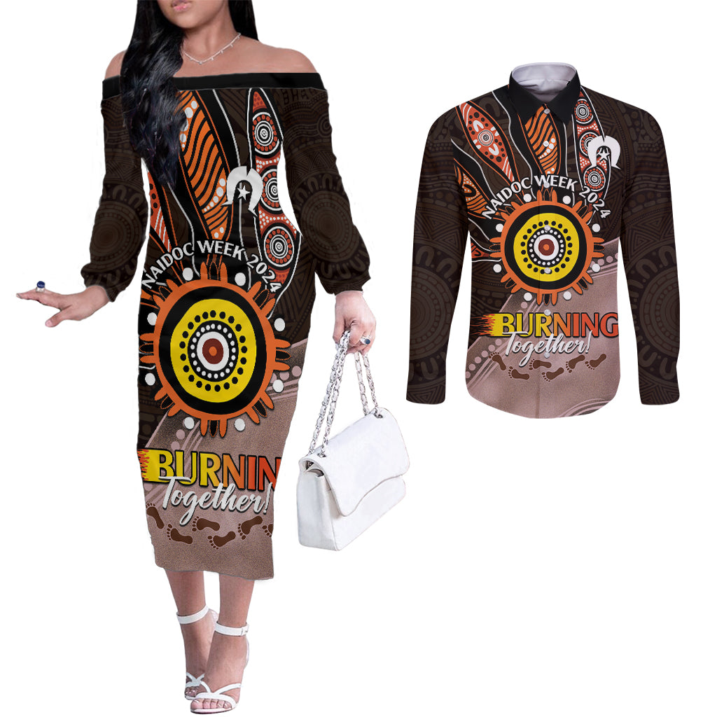 Fire Burning Together NAIDOC 2024 Couples Matching Off The Shoulder Long Sleeve Dress and Long Sleeve Button Shirt Indigenous Art