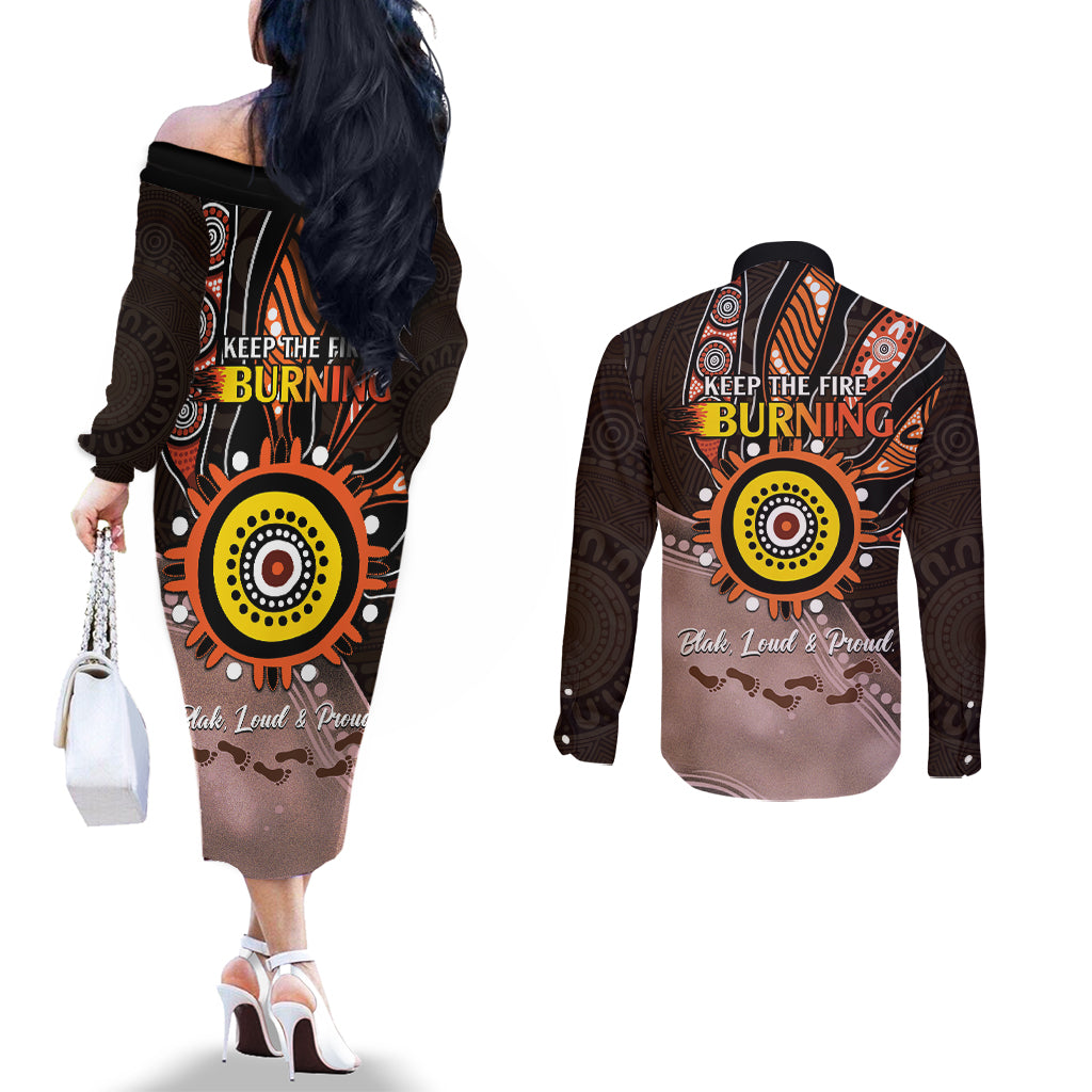 Fire Burning Together NAIDOC 2024 Couples Matching Off The Shoulder Long Sleeve Dress and Long Sleeve Button Shirt Indigenous Art