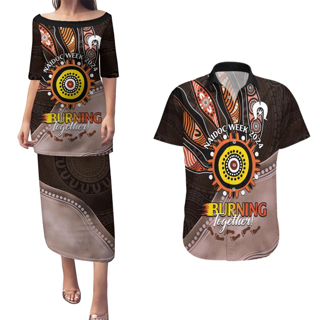Fire Burning Together NAIDOC 2024 Couples Matching Puletasi and Hawaiian Shirt Indigenous Art