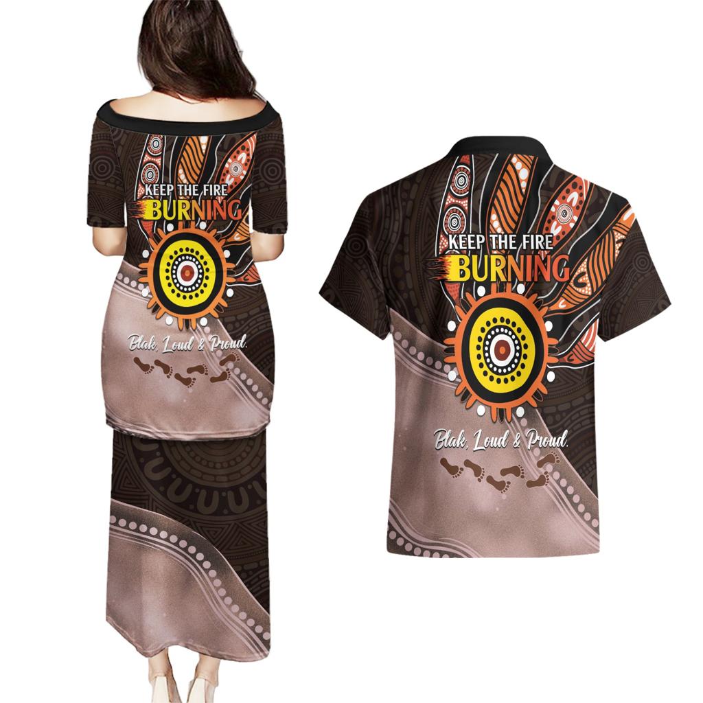 Fire Burning Together NAIDOC 2024 Couples Matching Puletasi and Hawaiian Shirt Indigenous Art