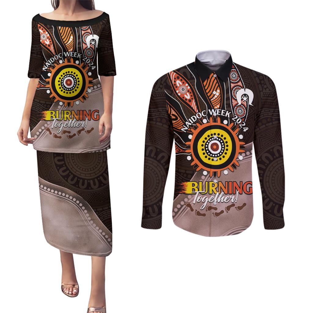 Fire Burning Together NAIDOC 2024 Couples Matching Puletasi and Long Sleeve Button Shirt Indigenous Art