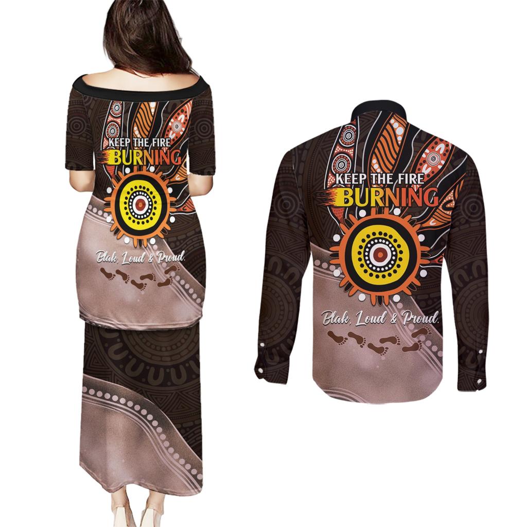 Fire Burning Together NAIDOC 2024 Couples Matching Puletasi and Long Sleeve Button Shirt Indigenous Art