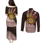 Fire Burning Together NAIDOC 2024 Couples Matching Puletasi and Long Sleeve Button Shirt Indigenous Art