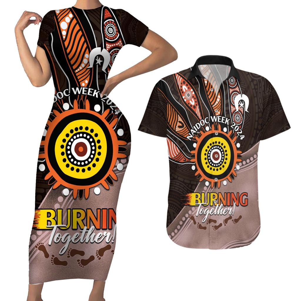 Fire Burning Together NAIDOC 2024 Couples Matching Short Sleeve Bodycon Dress and Hawaiian Shirt Indigenous Art