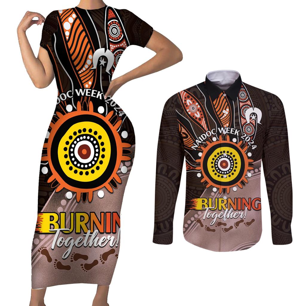 Fire Burning Together NAIDOC 2024 Couples Matching Short Sleeve Bodycon Dress and Long Sleeve Button Shirt Indigenous Art