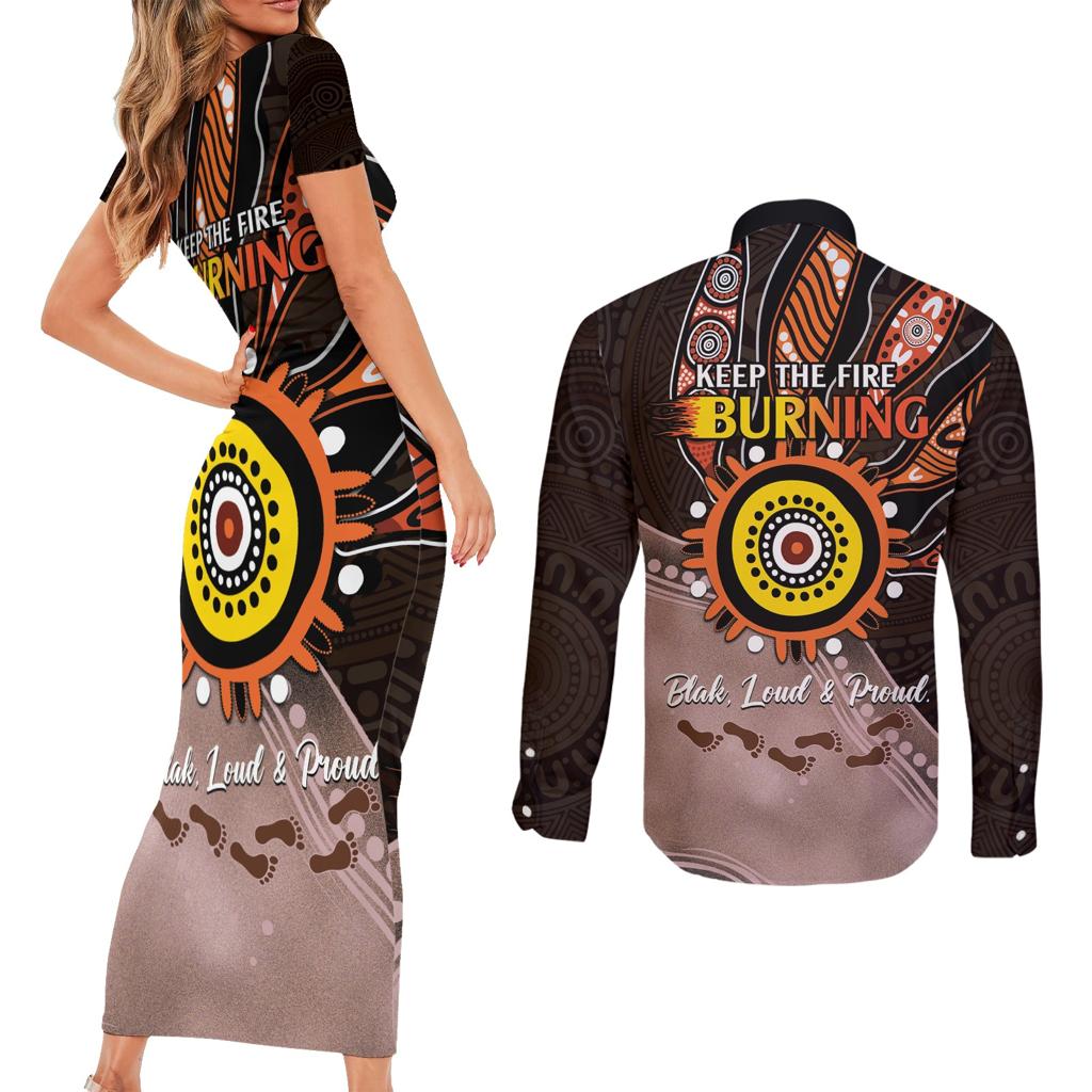 Fire Burning Together NAIDOC 2024 Couples Matching Short Sleeve Bodycon Dress and Long Sleeve Button Shirt Indigenous Art