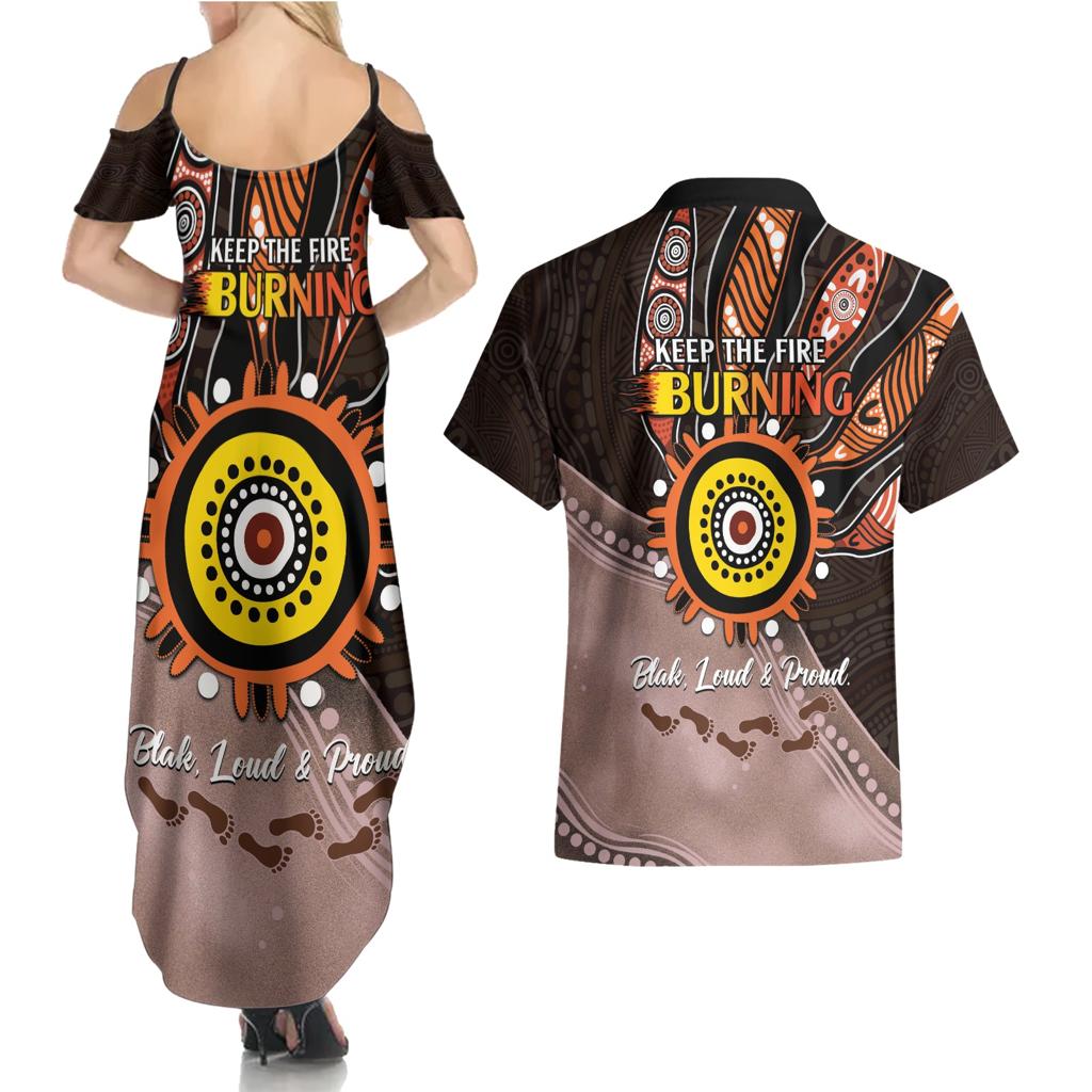 Fire Burning Together NAIDOC 2024 Couples Matching Summer Maxi Dress and Hawaiian Shirt Indigenous Art