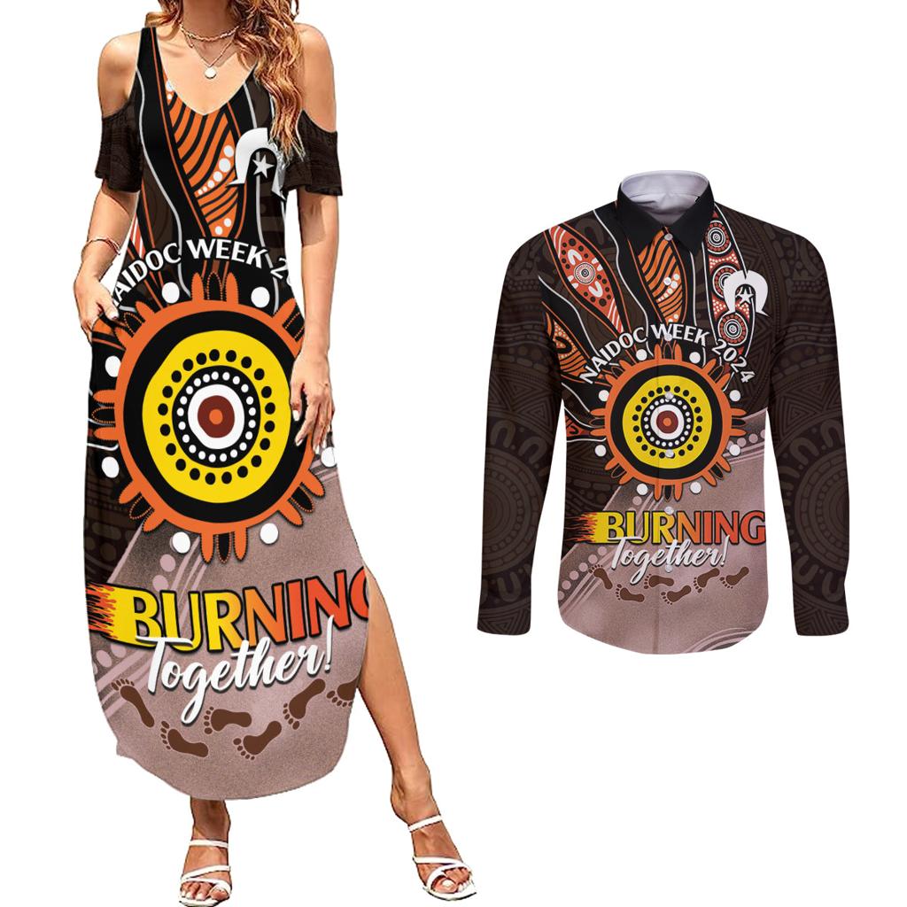 Fire Burning Together NAIDOC 2024 Couples Matching Summer Maxi Dress and Long Sleeve Button Shirt Indigenous Art