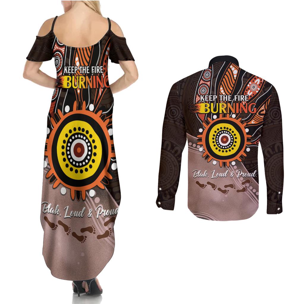 Fire Burning Together NAIDOC 2024 Couples Matching Summer Maxi Dress and Long Sleeve Button Shirt Indigenous Art