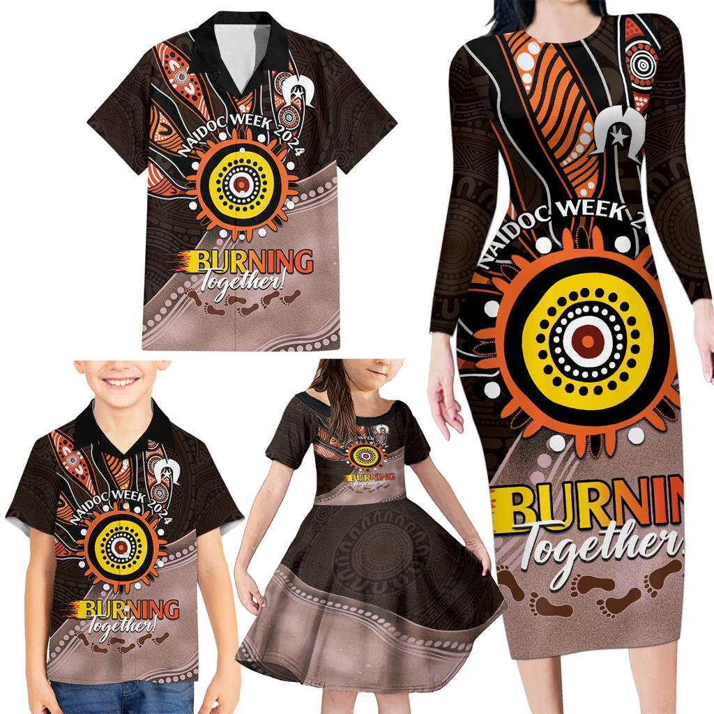 Fire Burning Together NAIDOC 2024 Family Matching Long Sleeve Bodycon Dress and Hawaiian Shirt Indigenous Art