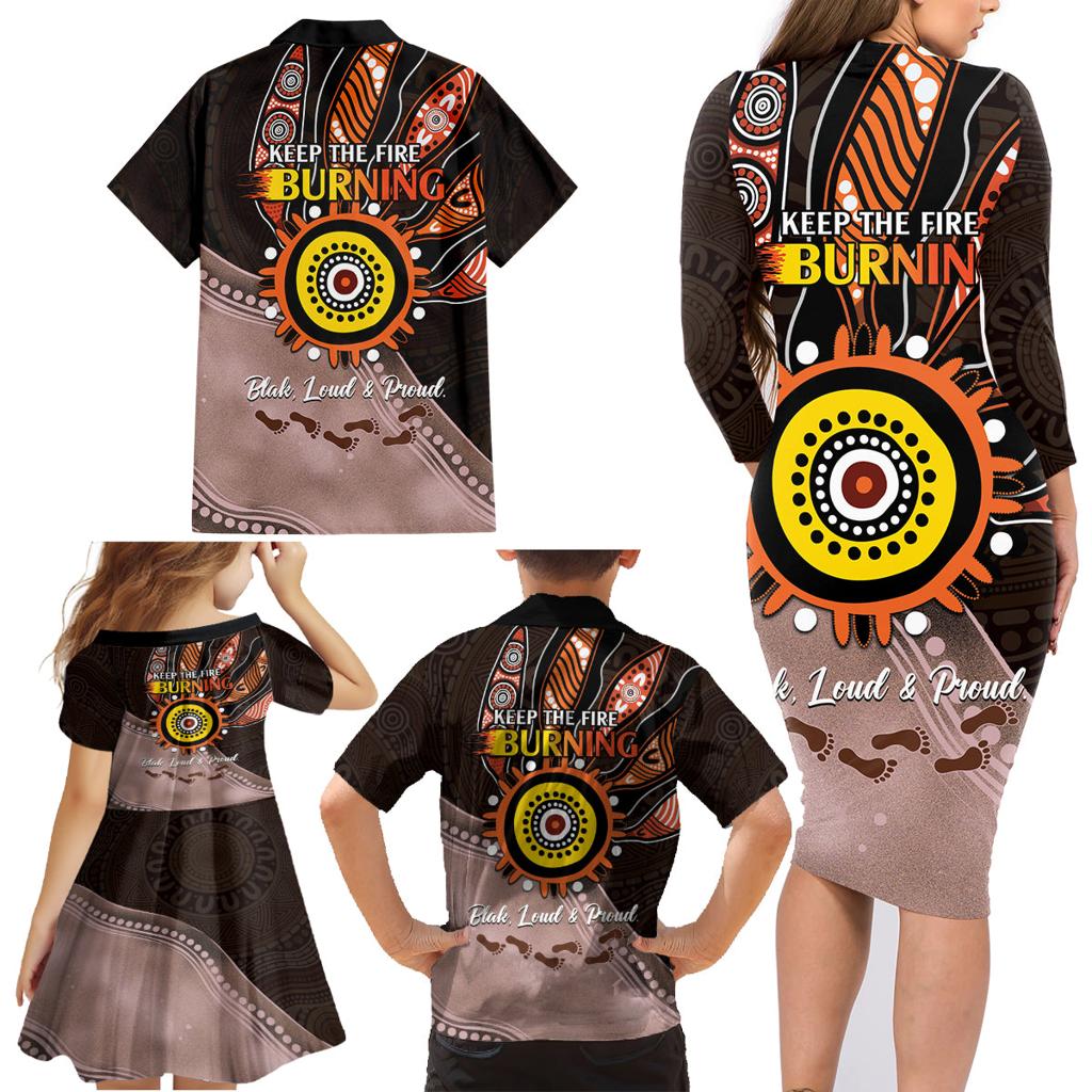 Fire Burning Together NAIDOC 2024 Family Matching Long Sleeve Bodycon Dress and Hawaiian Shirt Indigenous Art