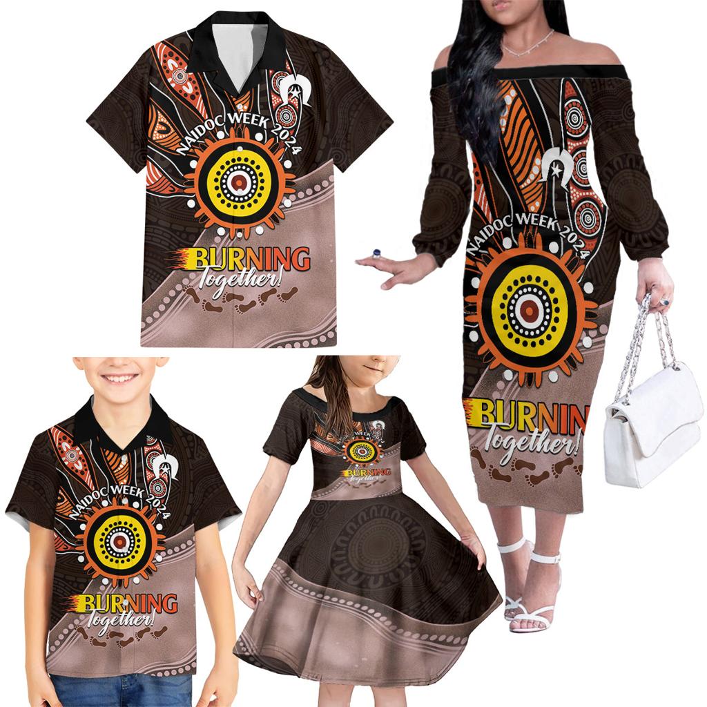 Fire Burning Together NAIDOC 2024 Family Matching Off The Shoulder Long Sleeve Dress and Hawaiian Shirt Indigenous Art