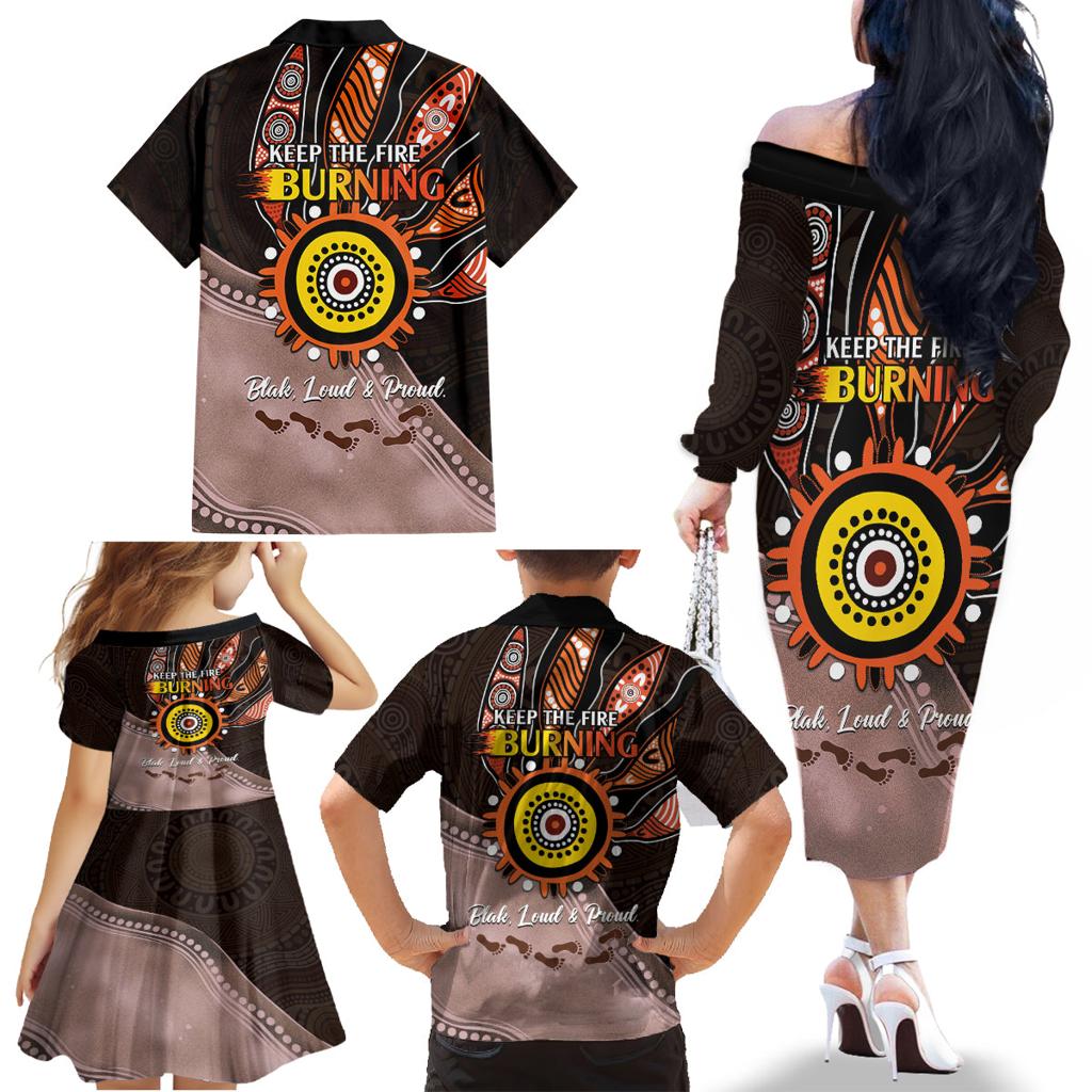 Fire Burning Together NAIDOC 2024 Family Matching Off The Shoulder Long Sleeve Dress and Hawaiian Shirt Indigenous Art