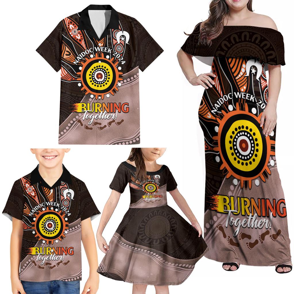 Fire Burning Together NAIDOC 2024 Family Matching Off Shoulder Maxi Dress and Hawaiian Shirt Indigenous Art