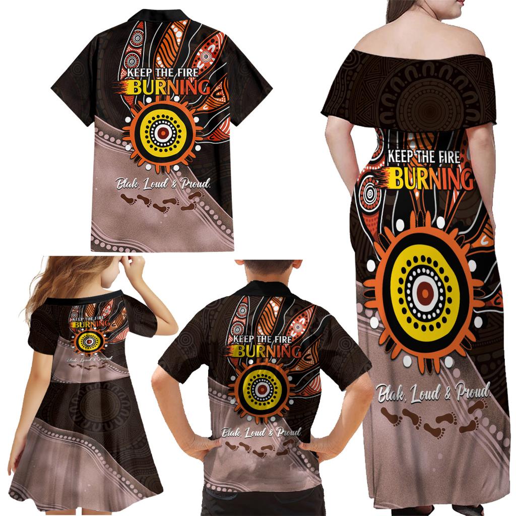 Fire Burning Together NAIDOC 2024 Family Matching Off Shoulder Maxi Dress and Hawaiian Shirt Indigenous Art