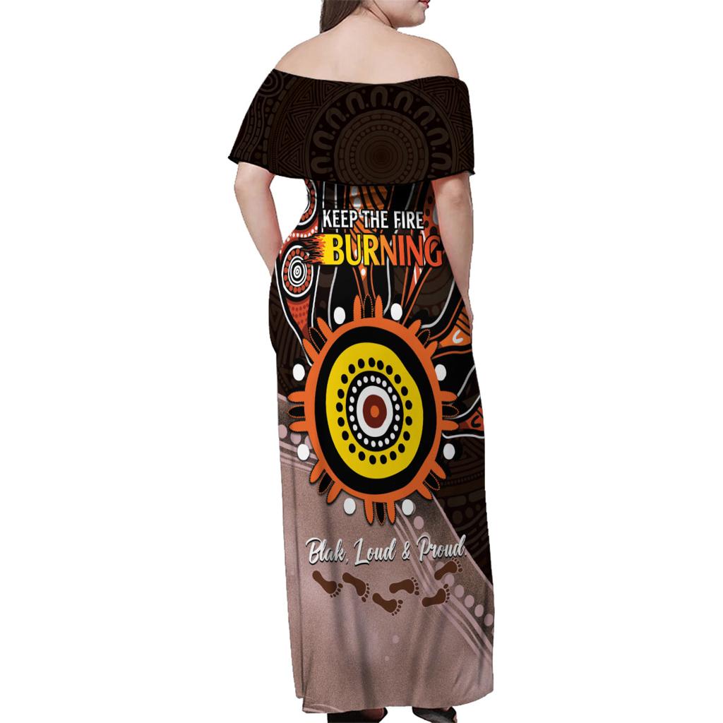Fire Burning Together NAIDOC 2024 Family Matching Off Shoulder Maxi Dress and Hawaiian Shirt Indigenous Art