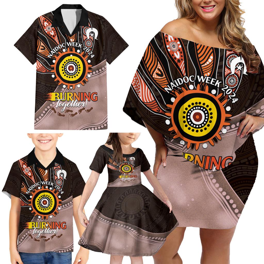Fire Burning Together NAIDOC 2024 Family Matching Off Shoulder Short Dress and Hawaiian Shirt Indigenous Art