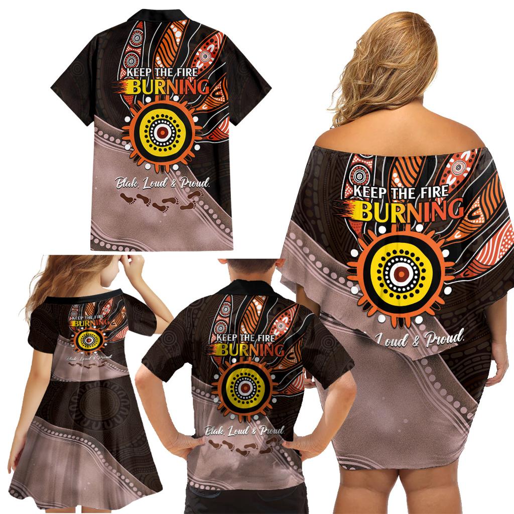Fire Burning Together NAIDOC 2024 Family Matching Off Shoulder Short Dress and Hawaiian Shirt Indigenous Art
