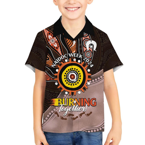 Fire Burning Together NAIDOC 2024 Family Matching Off Shoulder Short Dress and Hawaiian Shirt Indigenous Art