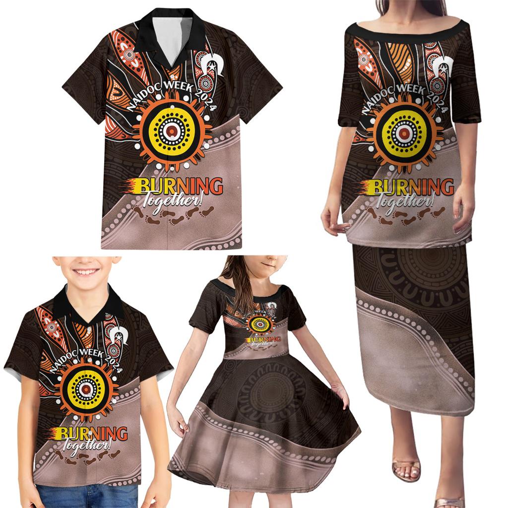 Fire Burning Together NAIDOC 2024 Family Matching Puletasi and Hawaiian Shirt Indigenous Art