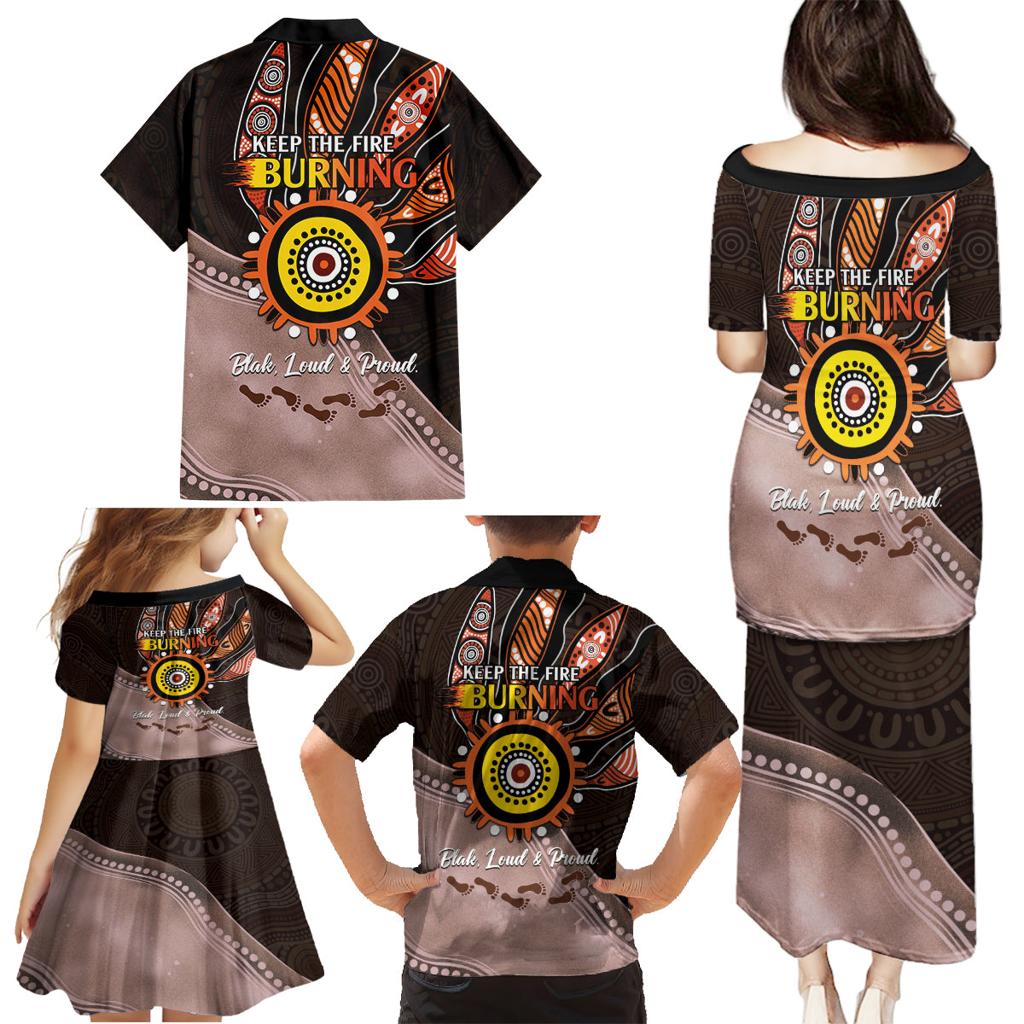 Fire Burning Together NAIDOC 2024 Family Matching Puletasi and Hawaiian Shirt Indigenous Art