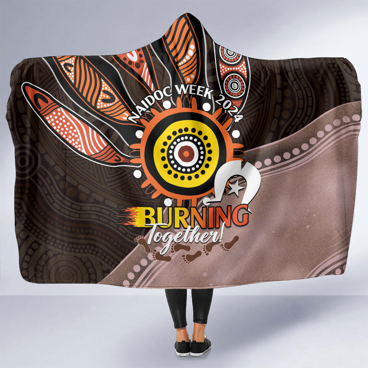Fire Burning Together NAIDOC 2024 Hooded Blanket Indigenous Art