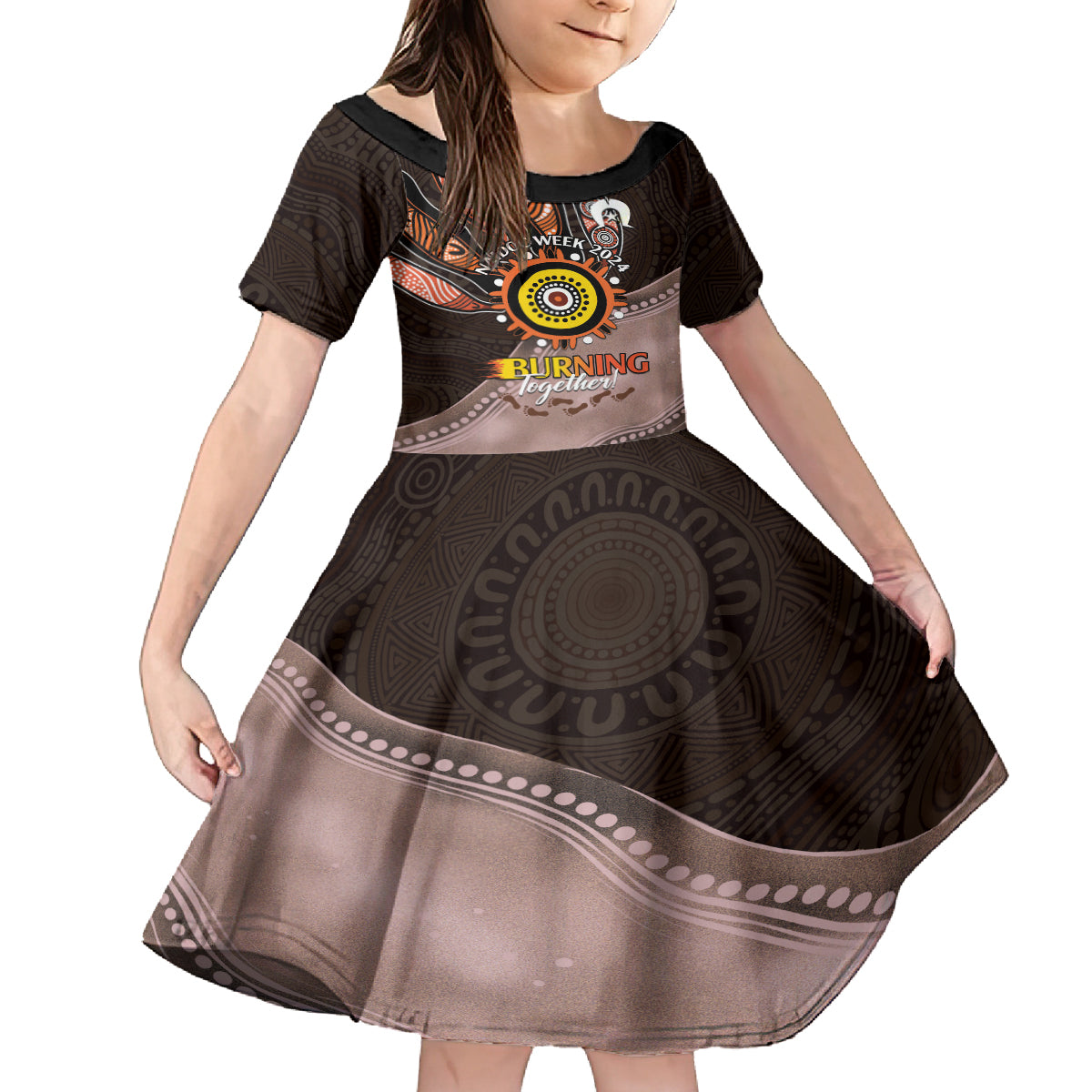 Fire Burning Together NAIDOC 2024 Kid Short Sleeve Dress Indigenous Art
