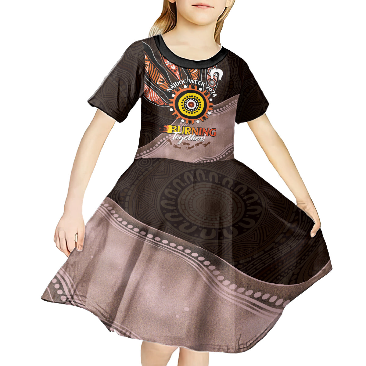 Fire Burning Together NAIDOC 2024 Kid Short Sleeve Dress Indigenous Art