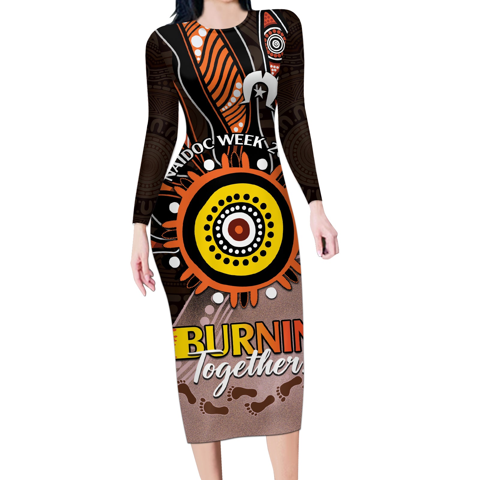 Fire Burning Together NAIDOC 2024 Long Sleeve Bodycon Dress Indigenous Art