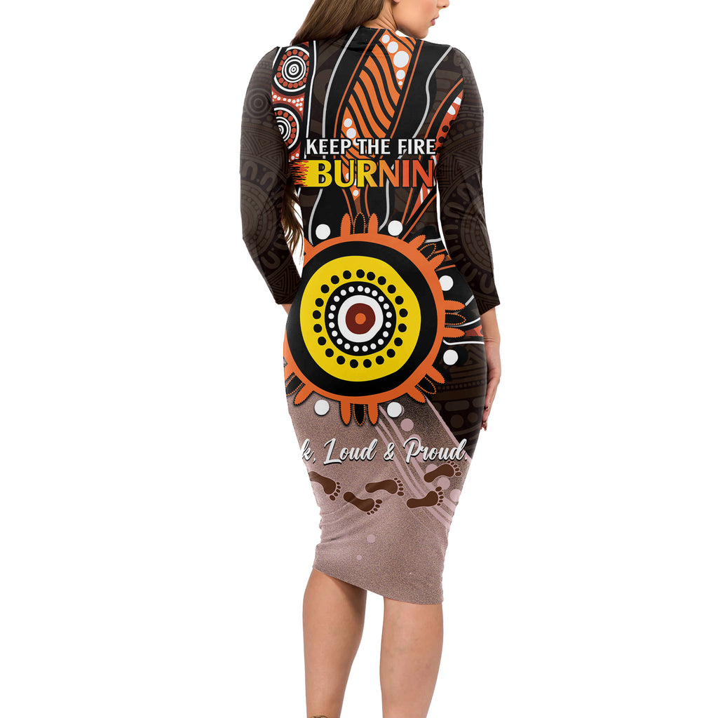 Fire Burning Together NAIDOC 2024 Long Sleeve Bodycon Dress Indigenous Art
