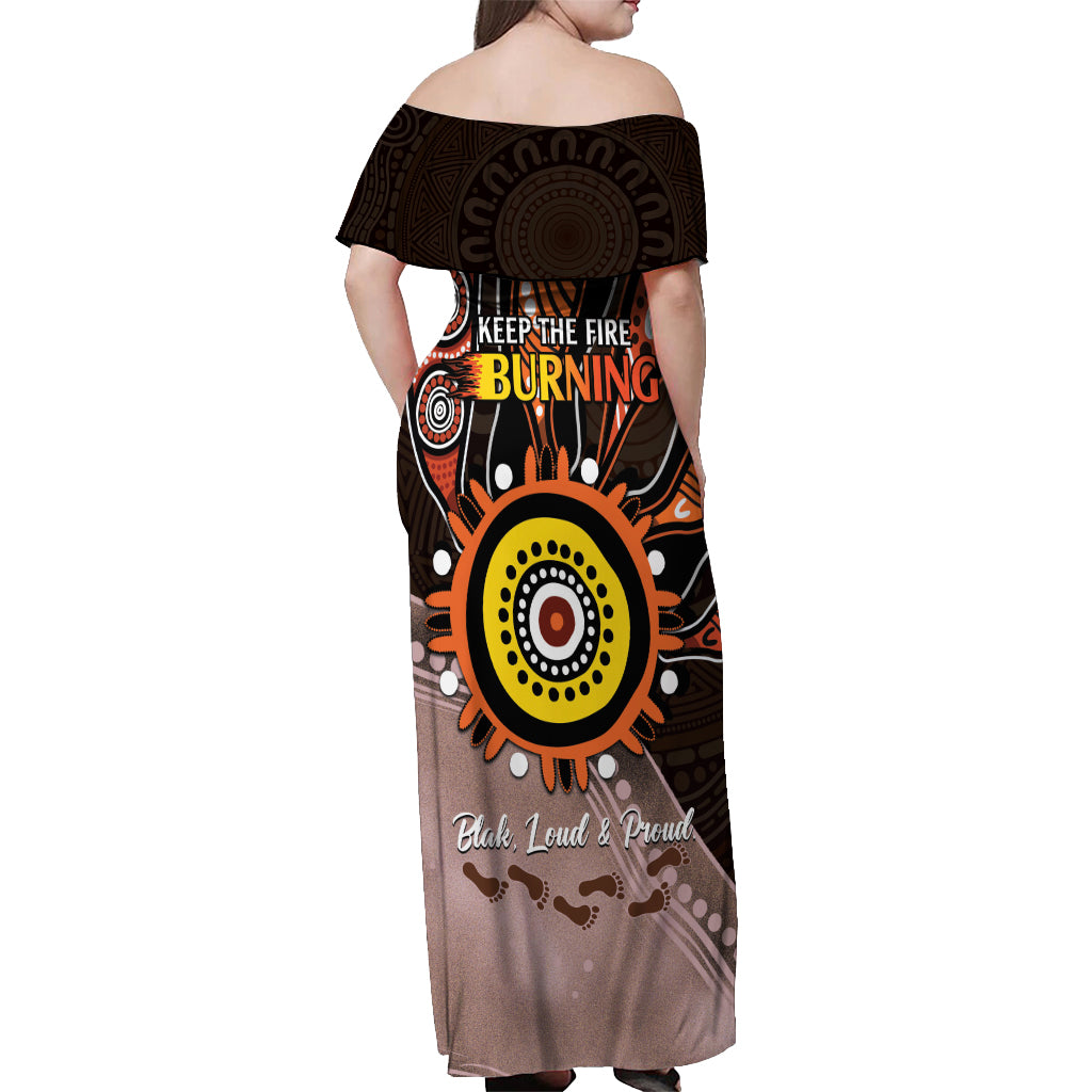Fire Burning Together NAIDOC 2024 Off Shoulder Maxi Dress Indigenous Art
