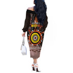 Fire Burning Together NAIDOC 2024 Off The Shoulder Long Sleeve Dress Indigenous Art