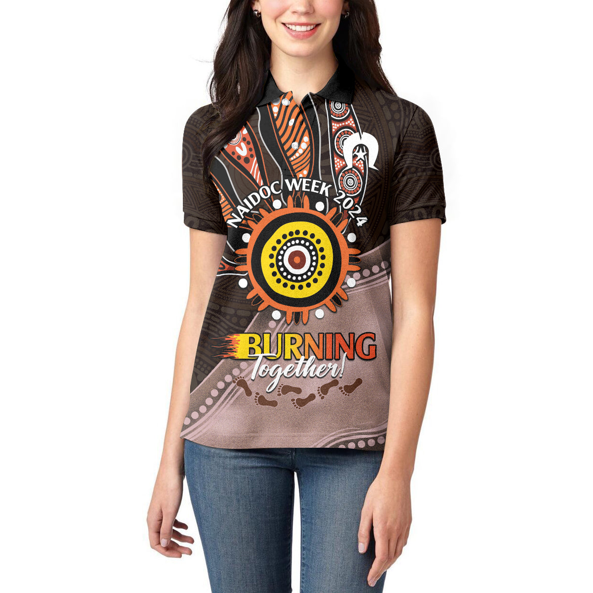 Fire Burning Together NAIDOC 2024 Women Polo Shirt Indigenous Art