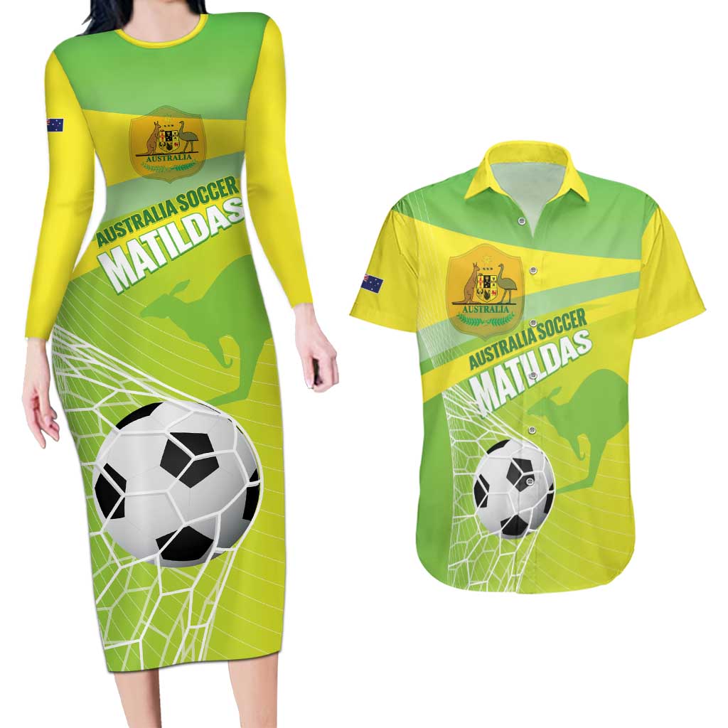 Custom Australia Soccer 2026 Couples Matching Long Sleeve Bodycon Dress and Hawaiian Shirt Come On Matildas