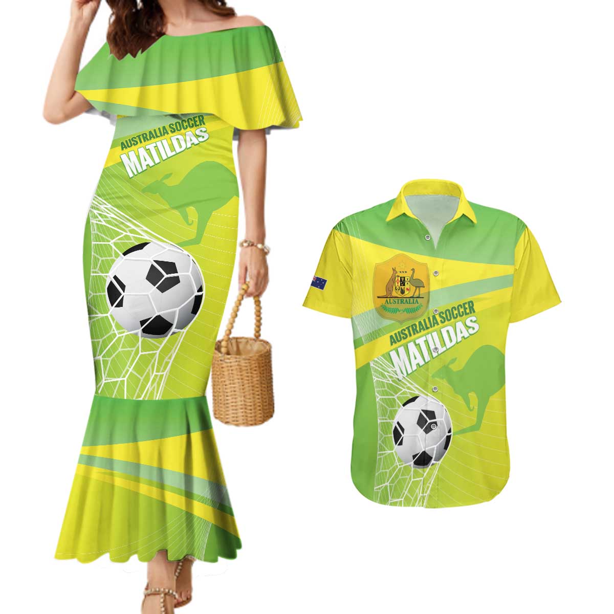 Custom Australia Soccer 2026 Couples Matching Mermaid Dress and Hawaiian Shirt Come On Matildas