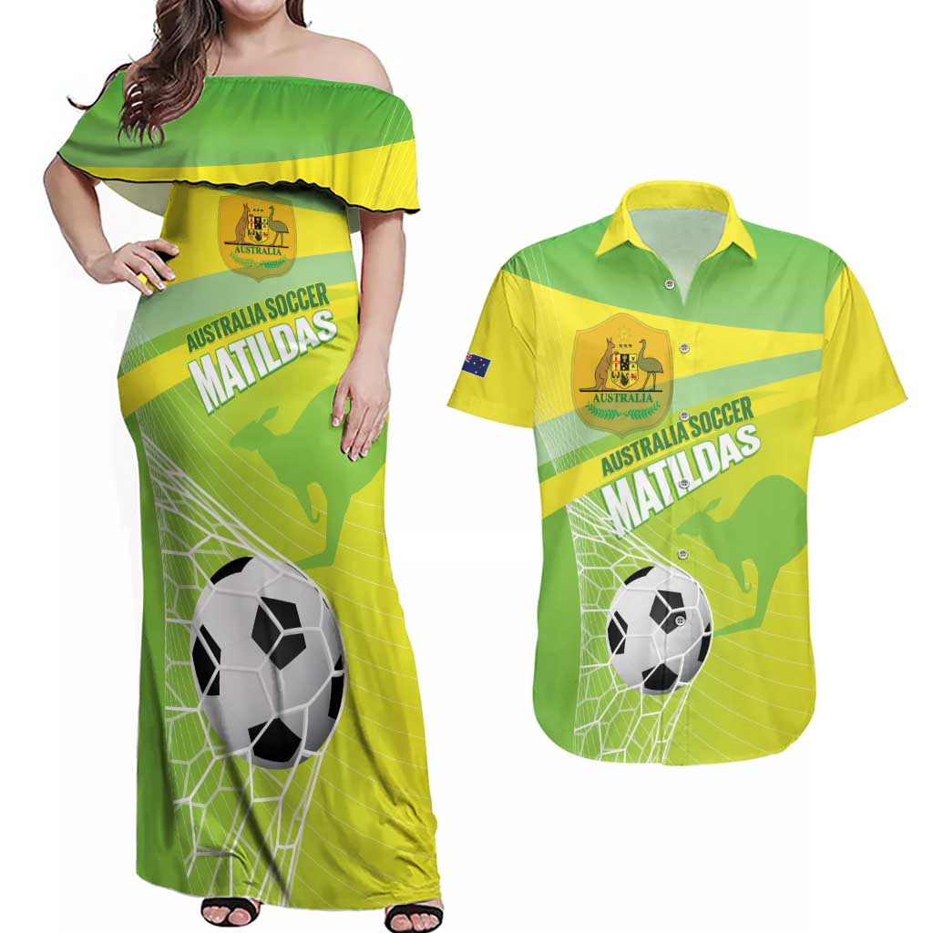 Custom Australia Soccer 2026 Couples Matching Off Shoulder Maxi Dress and Hawaiian Shirt Come On Matildas