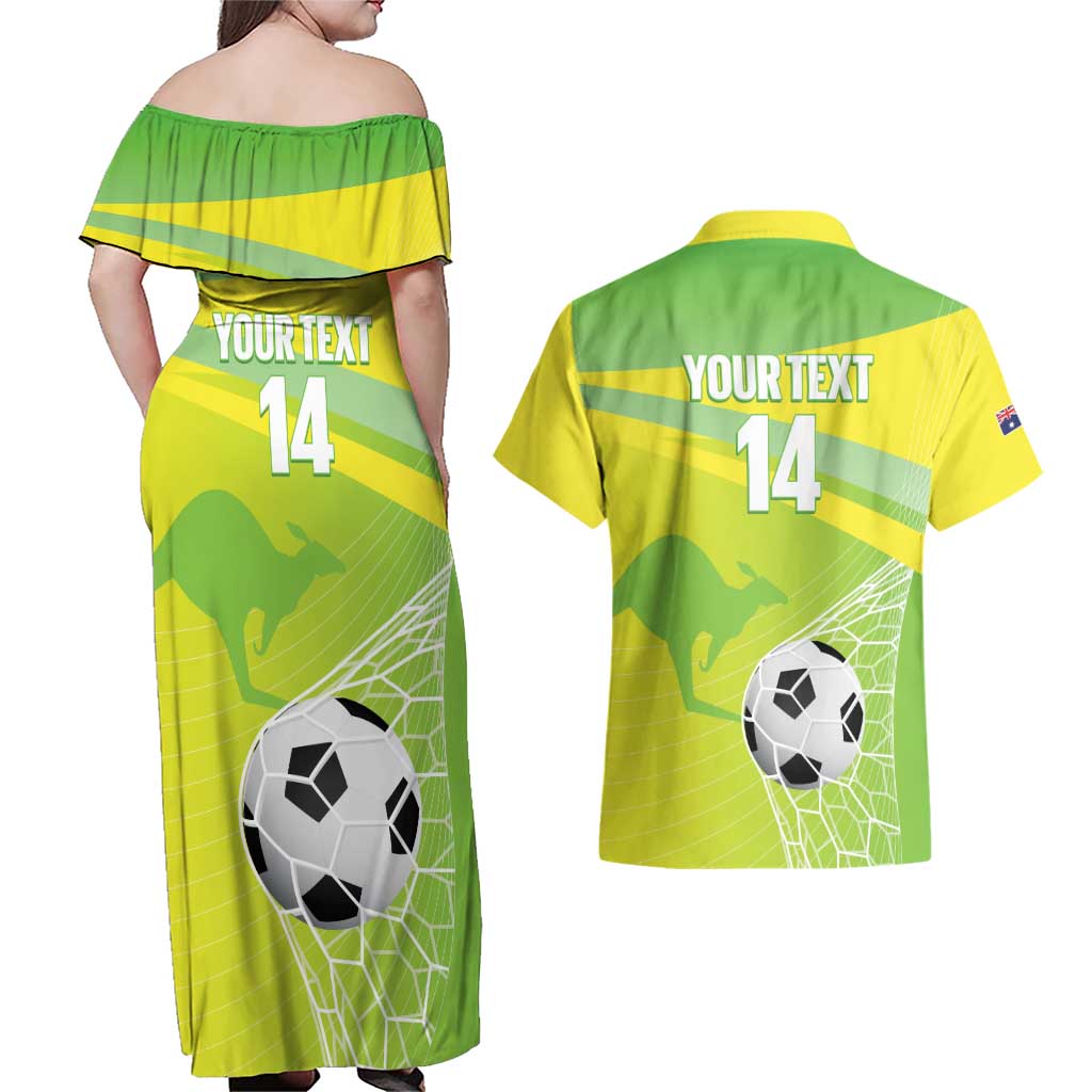 Custom Australia Soccer 2026 Couples Matching Off Shoulder Maxi Dress and Hawaiian Shirt Come On Matildas
