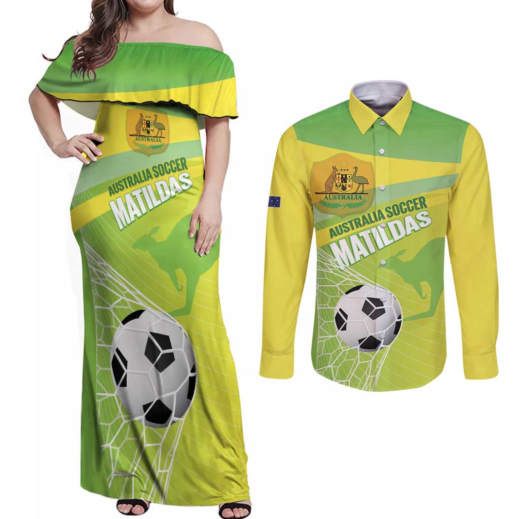 Custom Australia Soccer 2026 Couples Matching Off Shoulder Maxi Dress and Long Sleeve Button Shirt Come On Matildas