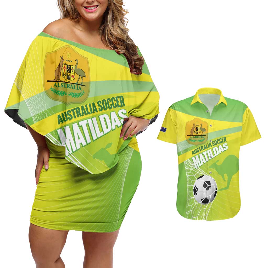 Custom Australia Soccer 2026 Couples Matching Off Shoulder Short Dress and Hawaiian Shirt Come On Matildas