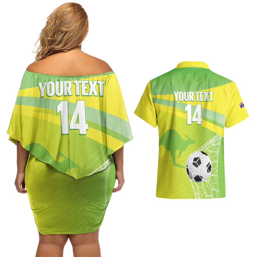 Custom Australia Soccer 2026 Couples Matching Off Shoulder Short Dress and Hawaiian Shirt Come On Matildas