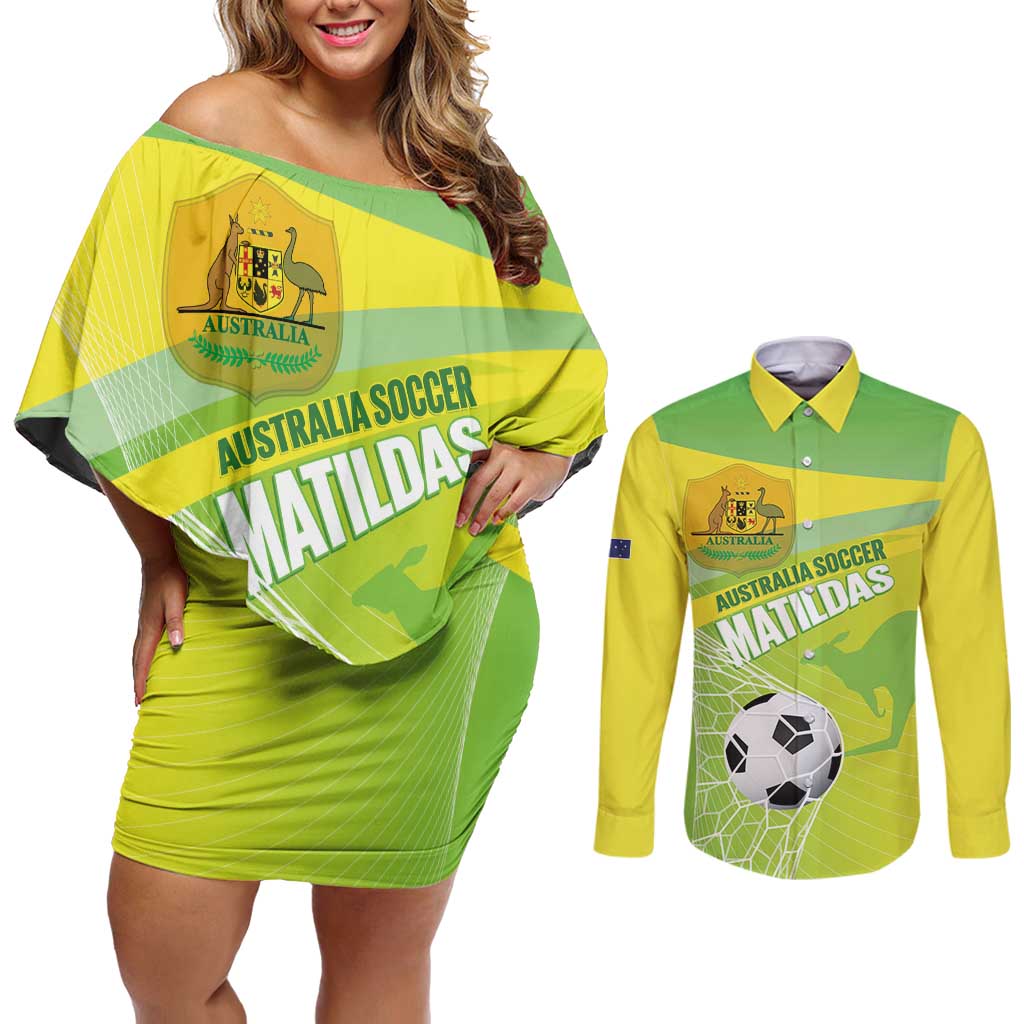 Custom Australia Soccer 2026 Couples Matching Off Shoulder Short Dress and Long Sleeve Button Shirt Come On Matildas