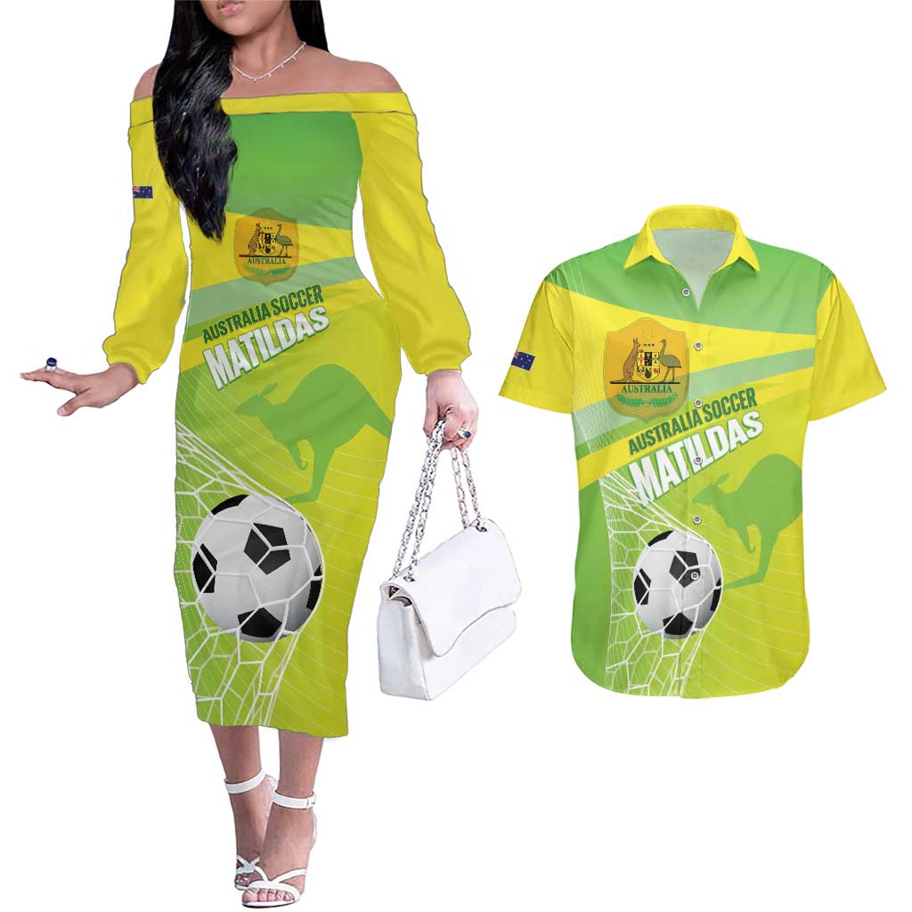 Custom Australia Soccer 2026 Couples Matching Off The Shoulder Long Sleeve Dress and Hawaiian Shirt Come On Matildas