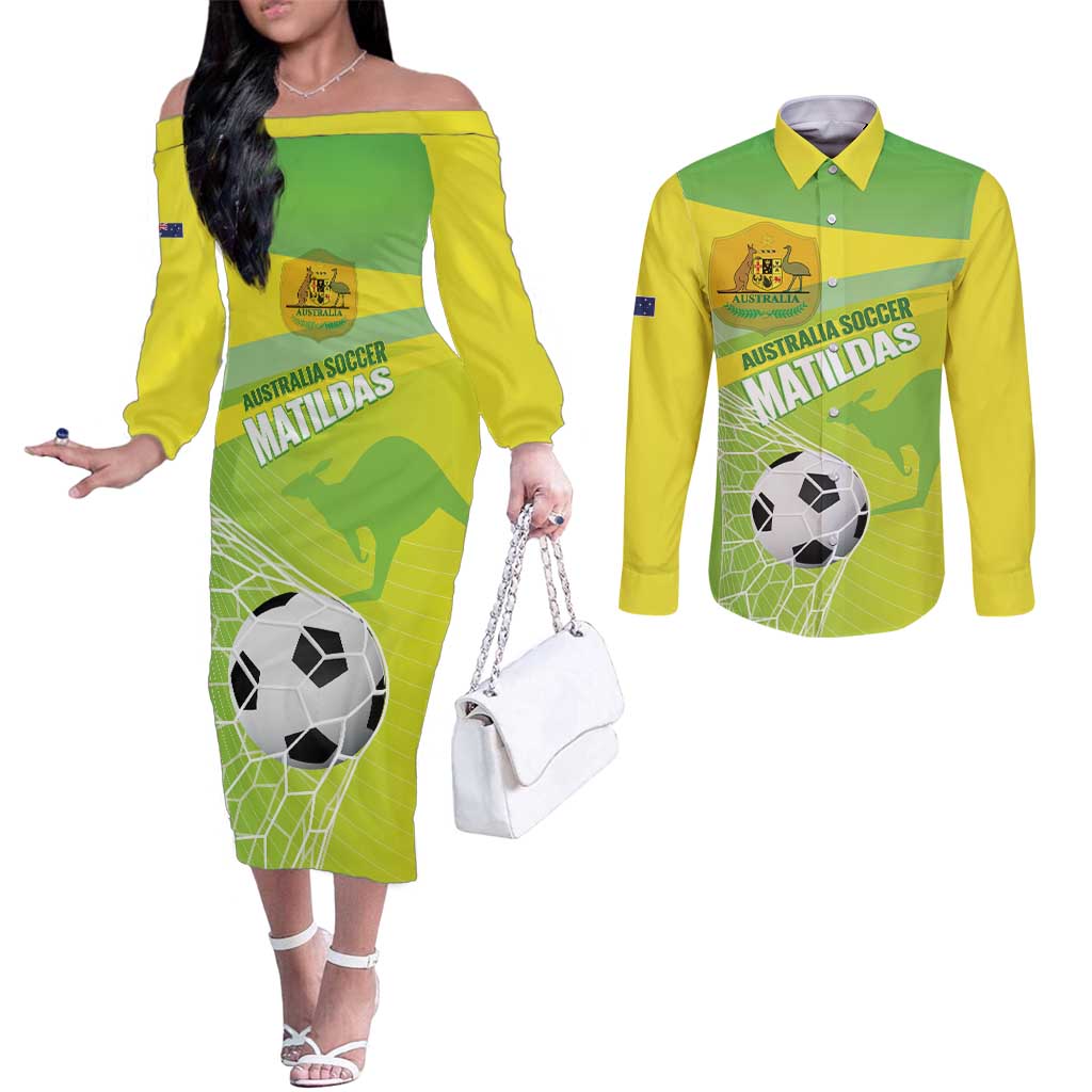 Custom Australia Soccer 2026 Couples Matching Off The Shoulder Long Sleeve Dress and Long Sleeve Button Shirt Come On Matildas