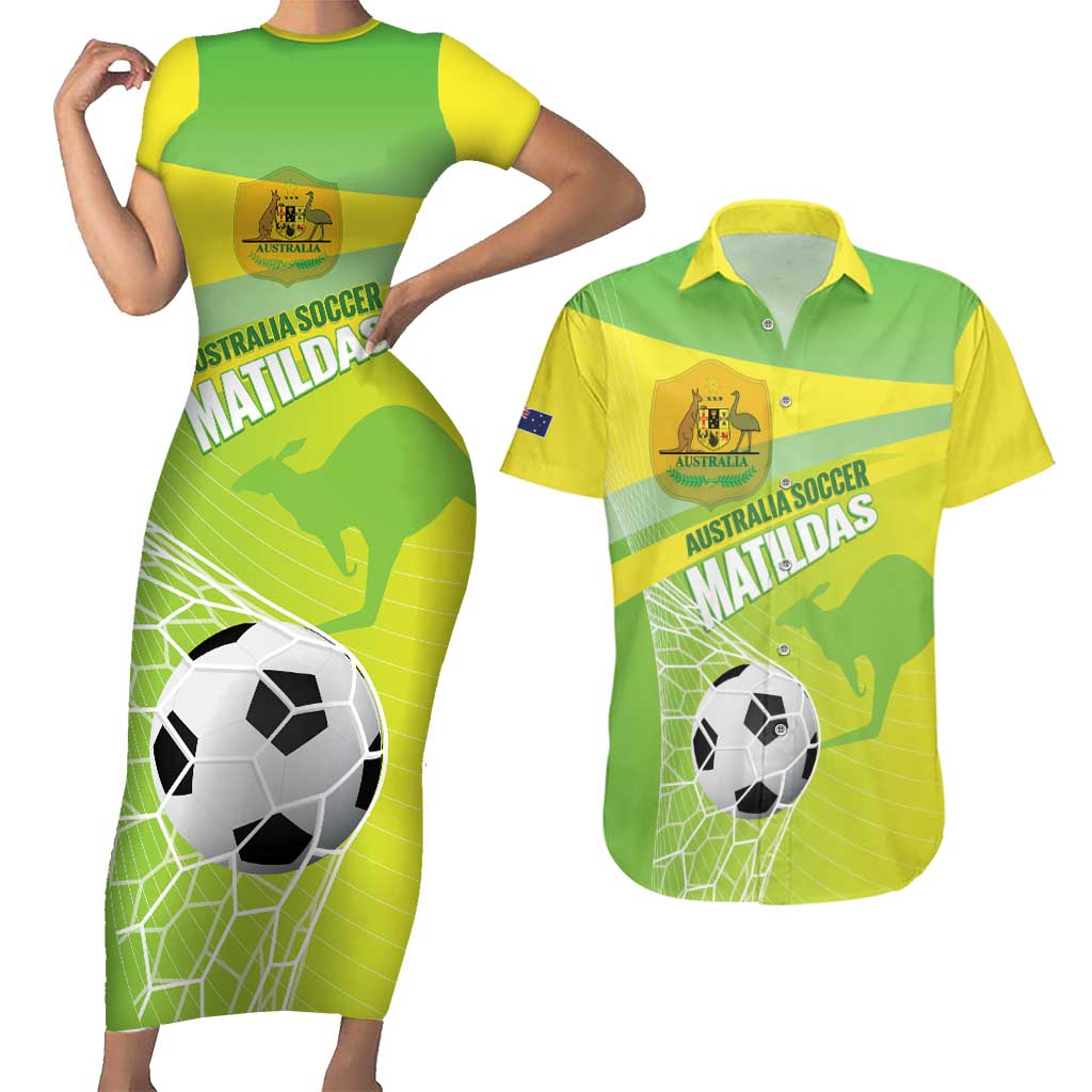 Custom Australia Soccer 2026 Couples Matching Short Sleeve Bodycon Dress and Hawaiian Shirt Come On Matildas