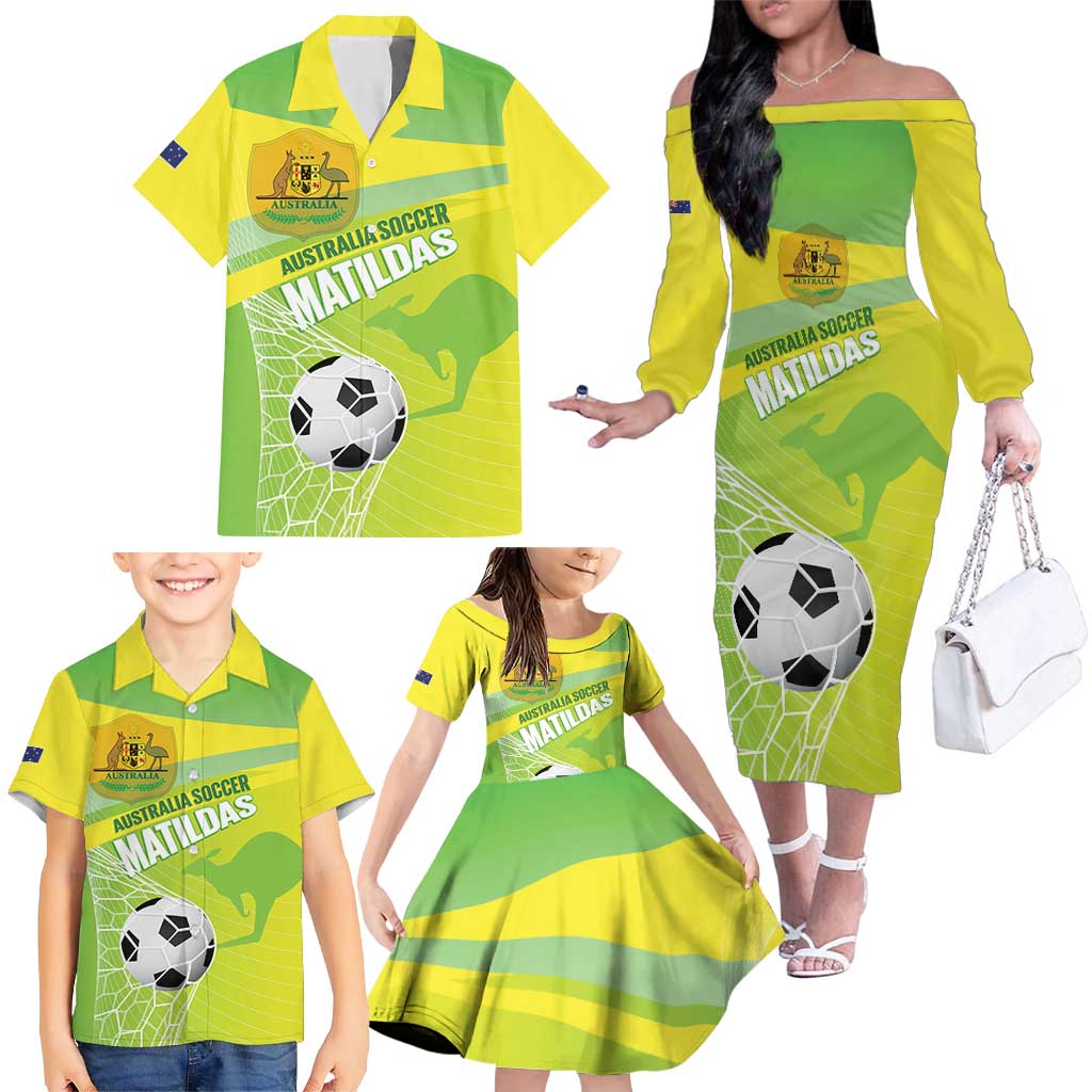 Custom Australia Soccer 2026 Family Matching Off The Shoulder Long Sleeve Dress and Hawaiian Shirt Come On Matildas