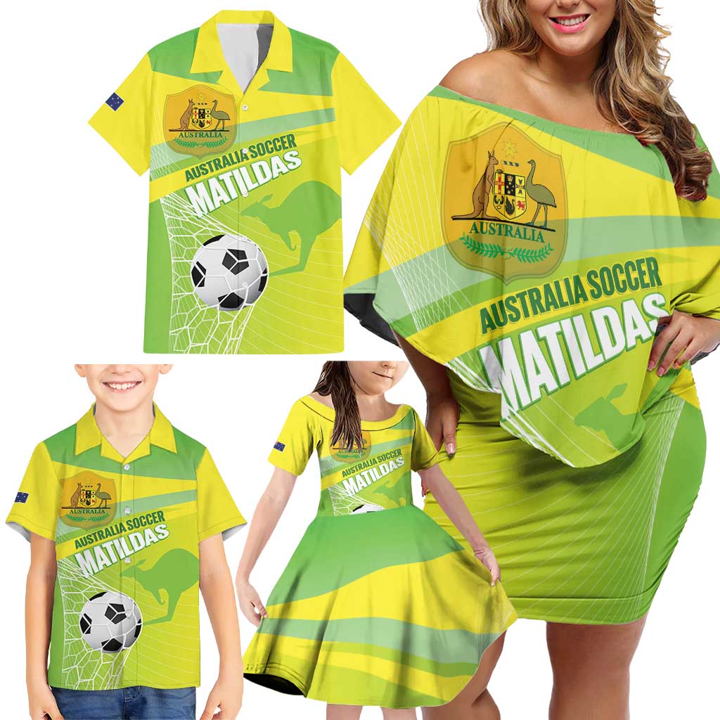 Custom Australia Soccer 2026 Family Matching Off Shoulder Short Dress and Hawaiian Shirt Come On Matildas