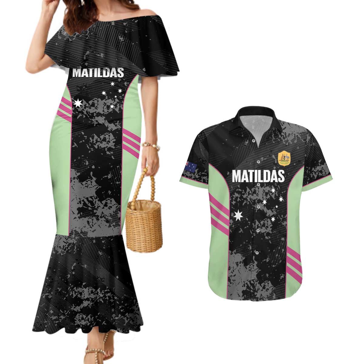 Custom Australia Matildas 2026 Couples Matching Mermaid Dress and Hawaiian Shirt Come On Aussie Grunge Style