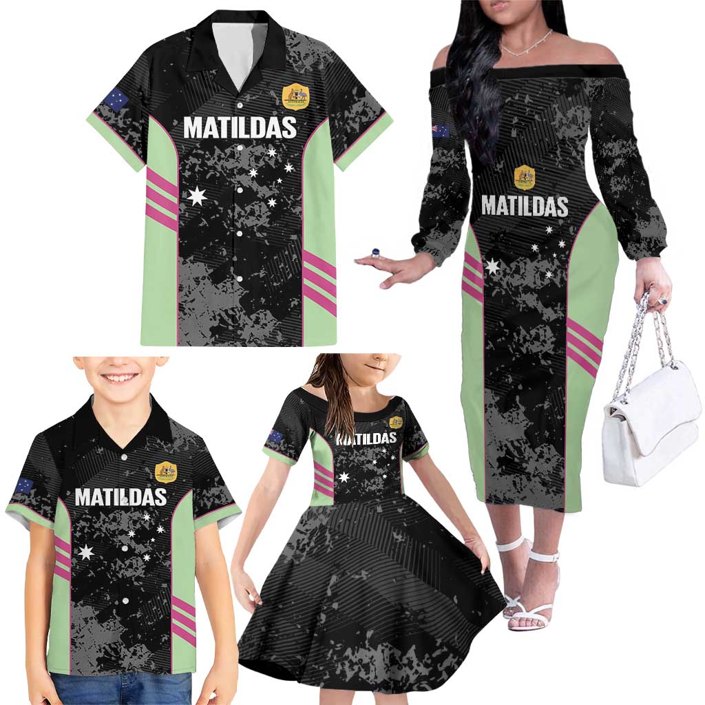 Custom Australia Matildas 2026 Family Matching Off The Shoulder Long Sleeve Dress and Hawaiian Shirt Come On Aussie Grunge Style